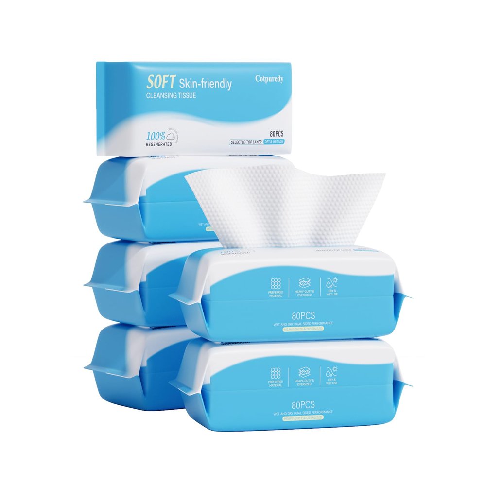 Cotpuredy Face Towels, Disposable Biodegradable Clean Facial Towelette for Sensitive Skin, Lint- free Face Cloths for Makeup Remover, Ultra Soft Dry Wipes, Skincare Women Cleansing 480 Count (6 Packs)