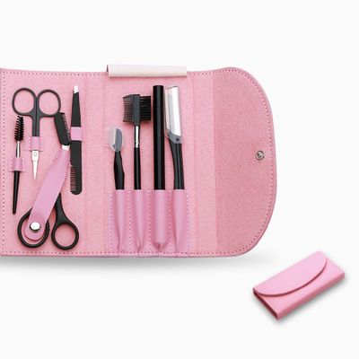 8-Piece Eyebrow Grooming Set with PU Case, Precision Tools Including Razor, Scissors & Brush for Eyebrow Care and Styling (Pink)