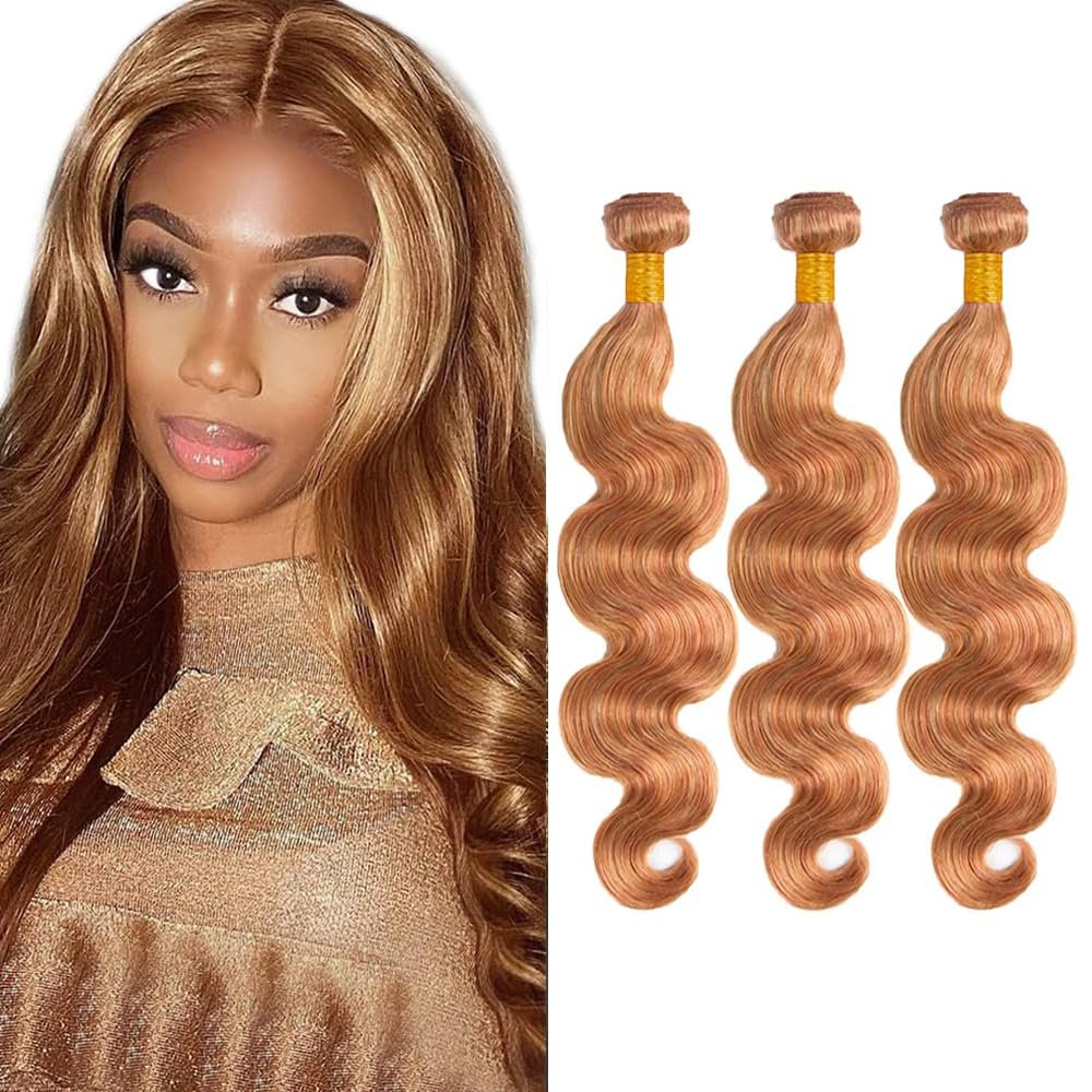 Biliisyff P2730 Color #30 Human Hair Honey Blonde Body Wave Bundles Peruvian Virgin Remy Hair Same Length Two Tone Color #30 Mixed With Color #27 Bundles Hair Extensions 24 26 28 Inch