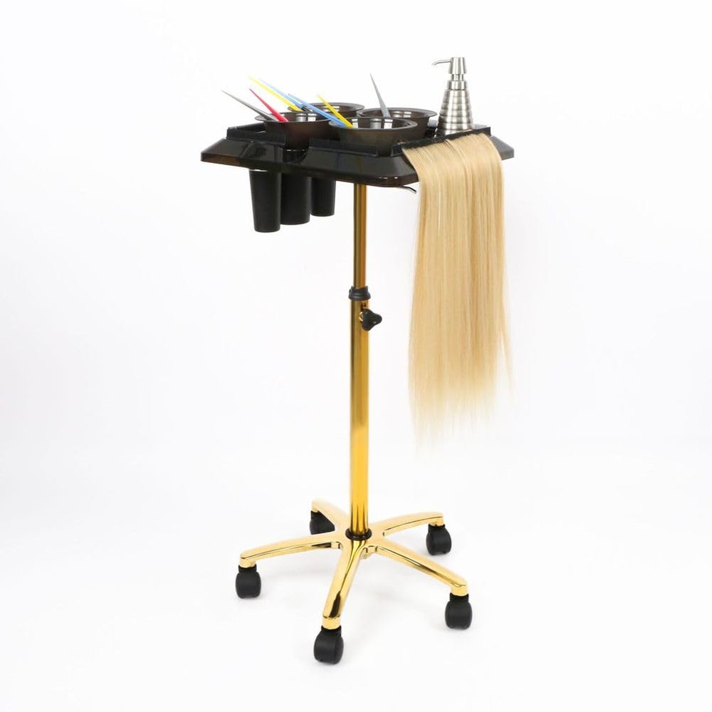 FUIBEJAE Salon Rolling Tray on Wheels with Adjustable Height Salon Station with Hairstylist Holder and Hair Separator Stand Spa Service Tray for Hair Stylist Tattoo & Dental Use,Gold