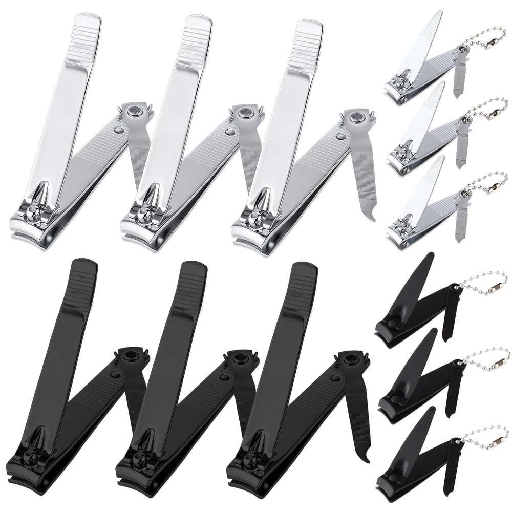 Bememo 12 Pieces Stainless Nail Clippers Set Fingernail and Toenail Clippers Nail Cutter Tool Set for Men and Women (Black and Silver)