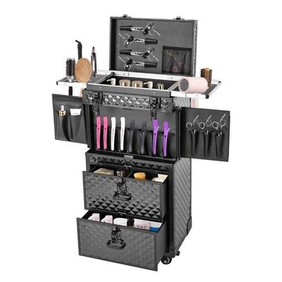 4-in-1 Rolling Makeup Case on Wheels with Drawer, Multi-functional Lockable Cosmetic Train Case Large Trolley Storage Case, Beauty Salon Cosmetic Luggage, Cosmetic Organizers for Hairstylist (Black)