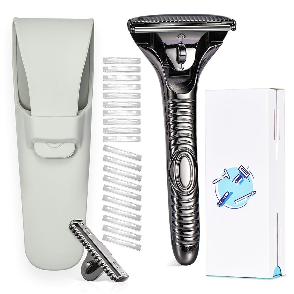 Magnetic Single Blade Razors for Men & Women,Reusable Safety Razor with 360 Rotating Track + 20 Single Edge Razor Blades + Waterproof Silicone Case - Black