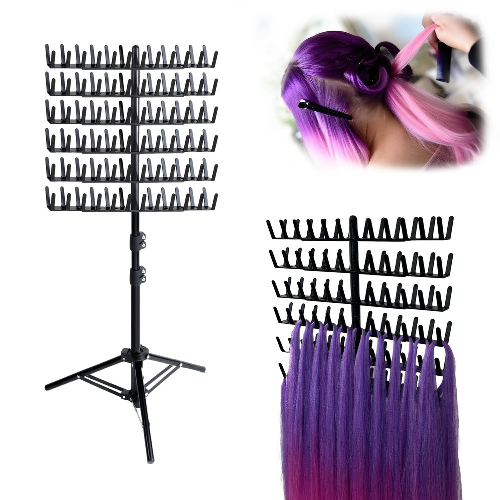 HEVOY Braiding Hair Rack Standing for Salon Home, Hair Extension Holder & Hanger, Height Adjustable Braiding Storage Rack, 144 Pegs Divider for Separator Stand Display (Black)