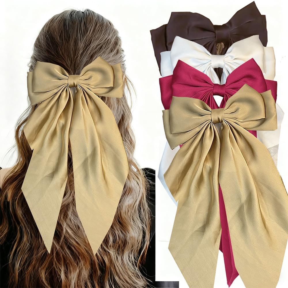 1PC Khaki Bow Large Satin Hair Bows With Long Tail Elegant Bow Hair Clips French Barrettes Hair Clips Accessories For Women Daily Wear Suitable For festival Gifts For Women Claw Clips School Stuff