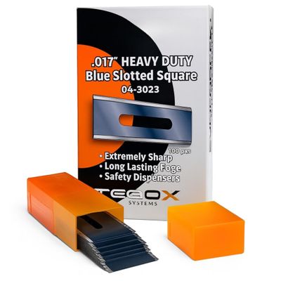 Heavy Duty Blue Slotted Square Carpet Blades .017''  100 Pack Professional Razor Sharp Utility Blades for Flooring Installation  Long Lasting Edge & Safety Dispenser
