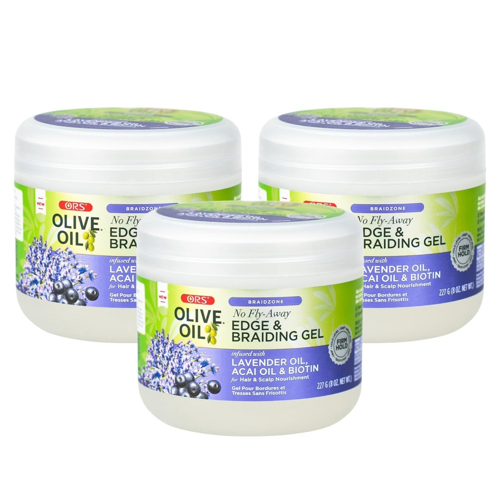 ORS Olive Oil Braidzone Edge & Braiding Gel with Lavender, Acai & Biotin for Hair & Scalp 8 oz (Pack of 3)