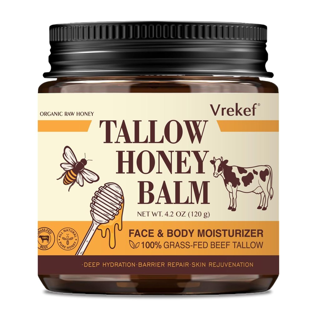 VREKEF Beef Tallow for Skin (4.2 oz) Tallow and Honey Balm for Face & Body Grass-Fed Tallow with Beeswax, Sea Buckthorn Oil, Shea Butter, Vitamin E Natural Moisturizer