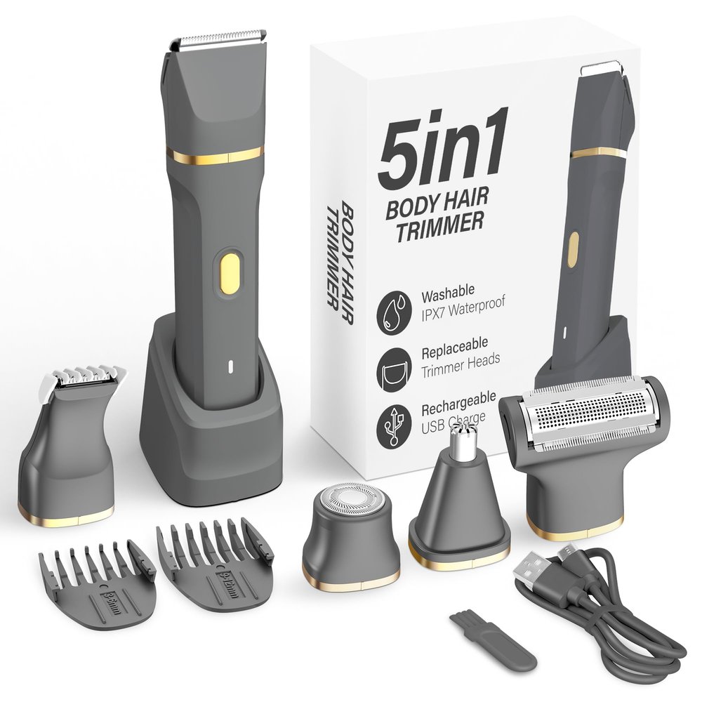 KINGTEE 5-in-1 Electric Bikini Trimmer for Women  IPX7 Waterproof Shaver, Cordless Body & Facial Razors for Women, Ceramic Blades, USB-C Rechargeable, Painless Hair Removal Kit (Light Black)