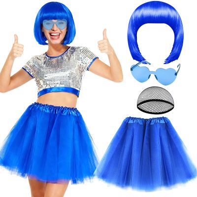 PLULON Blue Bob Wig with Tutus Heart Sunglasses for Women, Colorful Party Bob Wigs Funny Hair 80s Tulle Skirt Women Tutu Costume Accessories for Fancy Dress Bachelorette Halloween Christmas Party