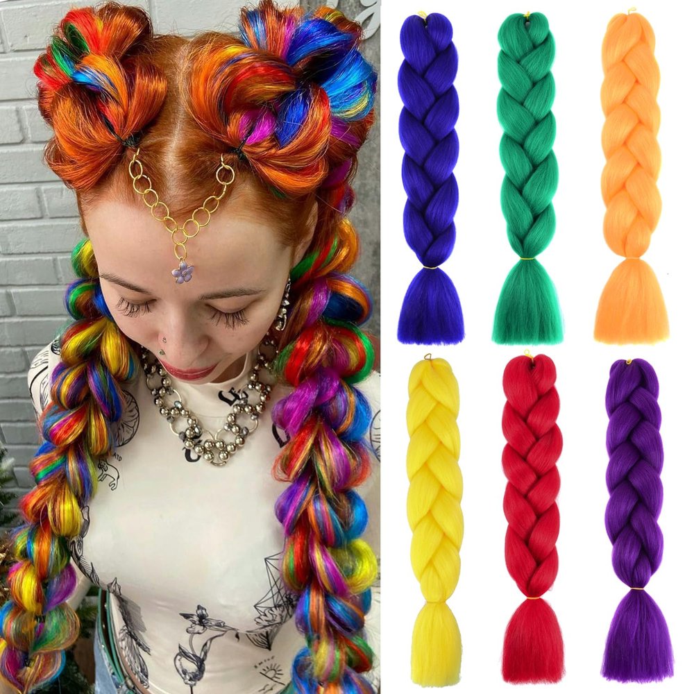 6 Pack Colored Braiding Hair 24 Inch Colorful Braiding Hair for Braids Synthetic Colored Hair Extensions for Braiding Rainbow dark color