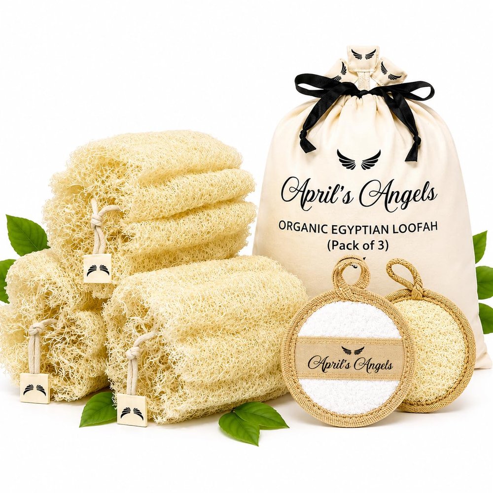 100% Natural Egyptian Loofah Set 3 Large Exfoliating Loofah Sponges + Free Egyptian Face Scrubber + Cotton Storage Bag | Eco-Friendly Body Scrubber | Dead Skin Remover | Bath Sponge for Women & Men