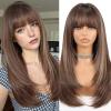 Allbell Highlight Dark Brown Wigs for Women Long Straight layered Wig With Bangs 22 inch Natural Looking Wig Synthetic Heat Resistant Fiber for Daily Party Use view 1