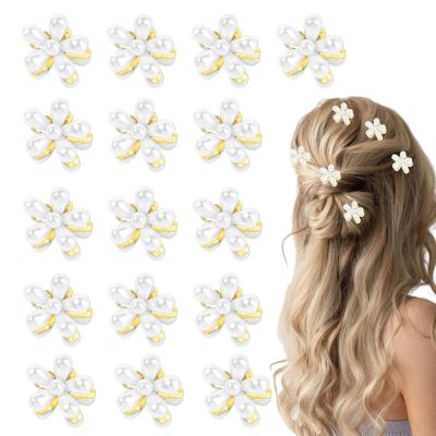 16PCS Mini Pearl Hair Clips with Flowers, Small Pearl Flower Hair Clips for Women Thin Thick Hair, Sweet Korean Small Pearls Claw Clip Accessories for Girls and Women Gift Party Wedding Daily Use