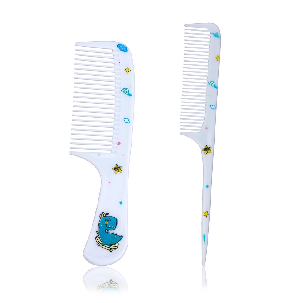2pcs Baby Hair Comb Set, Blue Dinosaur Mini Fine Tooth & Rat Tail Comb