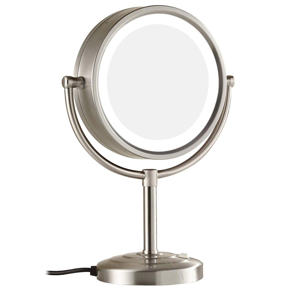 EMMUZMJVJ Makeup Mirror with Light and Magnification, 8 Inch Brass Double Sided Countertop Vanity Mirrors, 360 Rotation LED Lighted Cosmetic,Black,7X(Nickel,5X)
