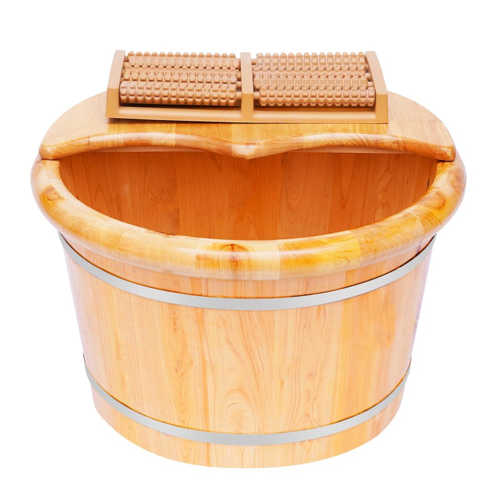 9.84In Tall Foot Basin Wooden Bucket, Feet Solid Wood Foot Tub with Lid and Massage Roller, Foot Tub Foot Bath Massage Plus Cover for Baths Relaxing Parents/Seniors/Self