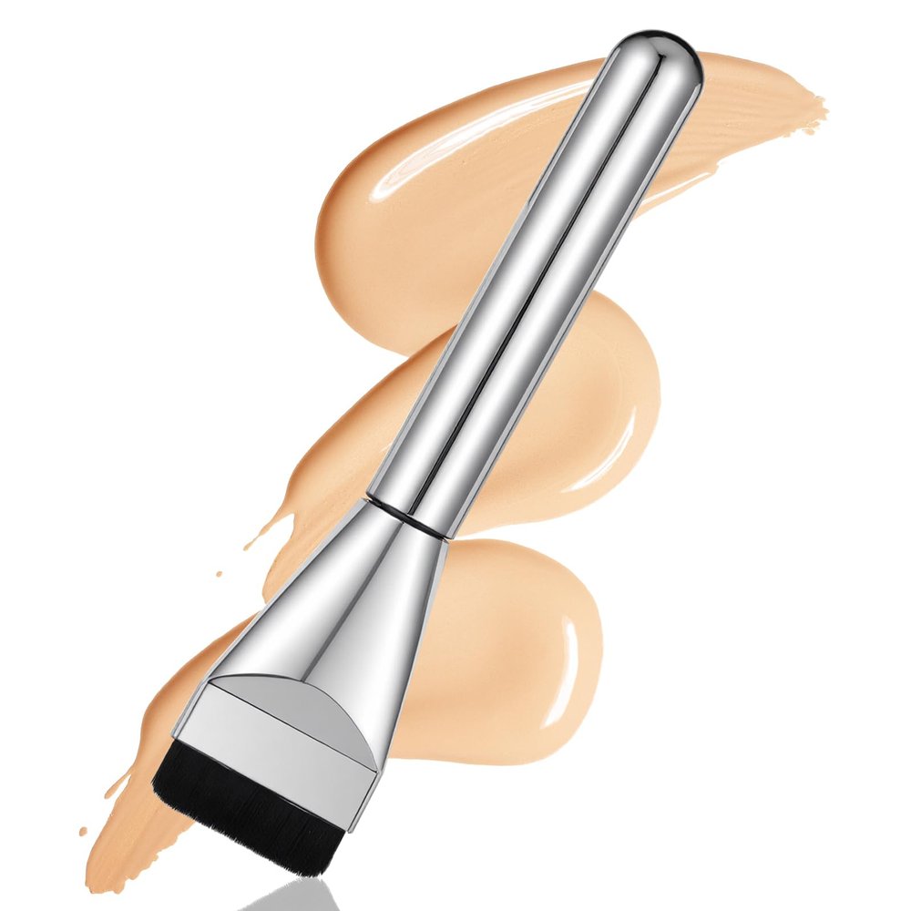 1 Pack Flat Foundation Brush for Liquid Makeup, Thin Mask Brush for Facials, 14CM Angled Design, Buildable Coverage, for Liquid Cream Makeup, Blending, Concealer, Fast Flawless Application (Silver)