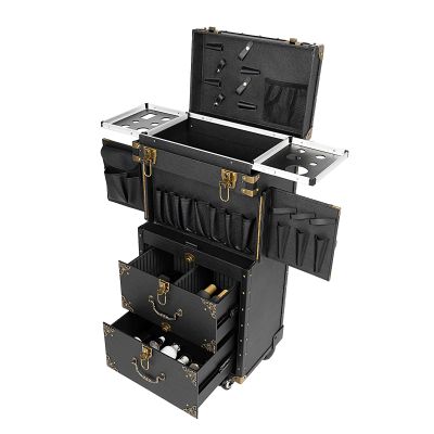 YUASDUU Salon Cart with 2 Drawers, Rolling Lockable Makeup Train Case Stylist Beauty Salon Cosmetic Luggage Travel Organizer Tool Box with Hair Dryer Holder Hairdressing Trolley for Nail Tech SPA