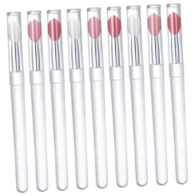 Beaupretty 9 Pcs Silicone Lip Brushes with Caps Small Portable Lip Applicators for Lipstick Transparent Handles with Watermelon Red and Pink Heads Hygienic Storage Easy Cleaning