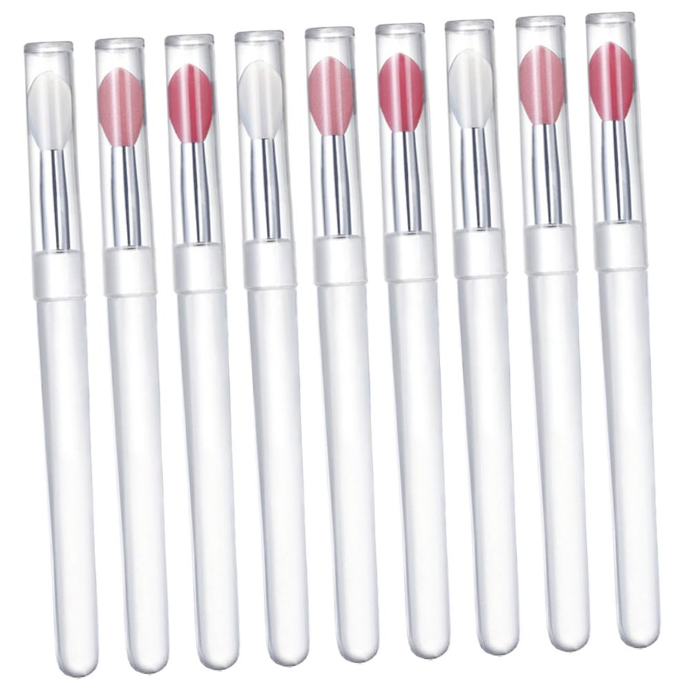 Beaupretty 9 Pcs Silicone Lip Brushes with Caps Small Portable Lip Applicators for Lipstick Transparent Handles with Watermelon Red and Pink Heads Hygienic Storage Easy Cleaning