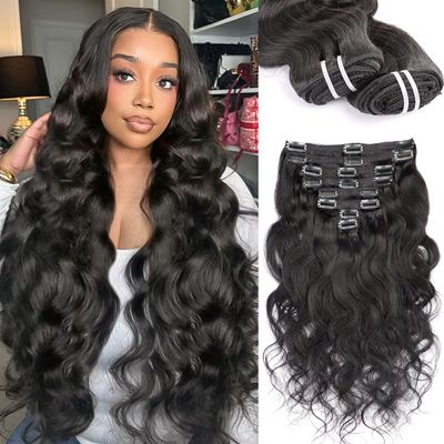 Clip in Hair Extensions Real Human Hair Extensions Clip Ins 120 Gram Body Wave 24 Inch 8Pcs Natural Black 100% Human Hair Extensions 18 Clips