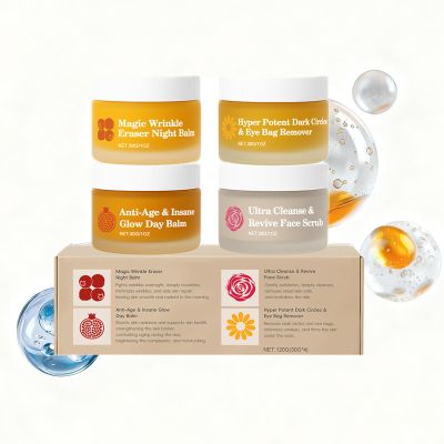 Anti Aging Skincare Set for Mature Skin  4 in 1 Face Balm Kit with Pomegranate Seed Oil, Sweet Almond Oil & Seabuckthorn Extract  Moisturize Nourish Firming Day & Night Cream, Eye Cream & Face Scrub