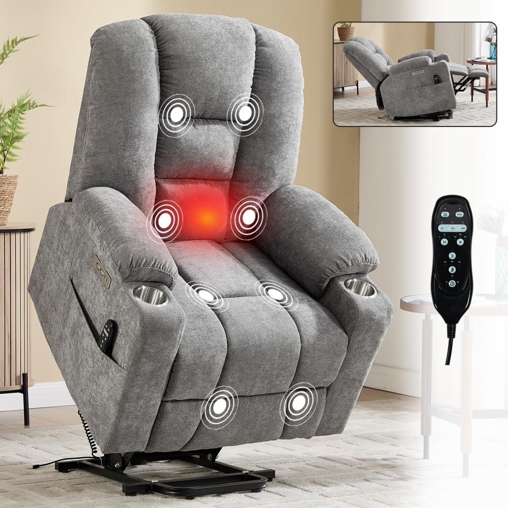 Power Lift Recliner Chair with Massage and Heat for Elderly, Padded Wide Recliners with USB Charging and Cup Holders, Comfortable Support (Light Gray + Chenille + Fiber Foam and Polyester Fiber Pad)