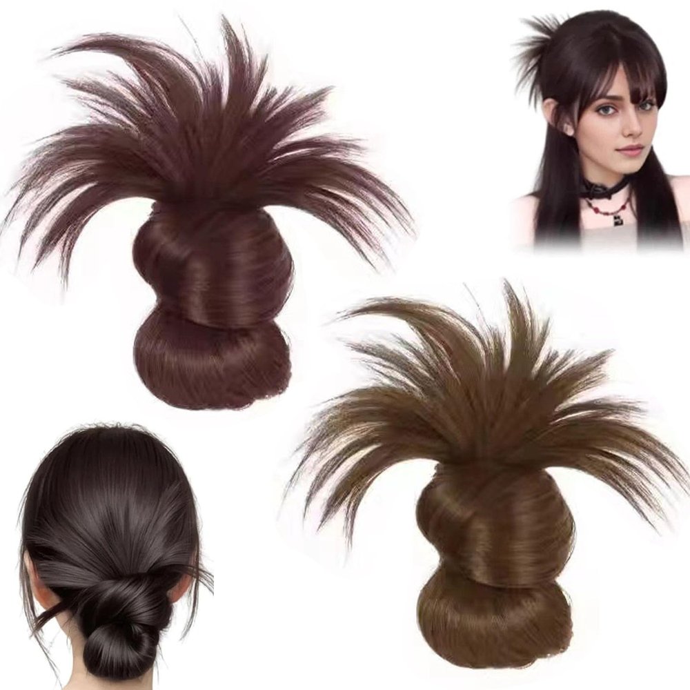 2 PCS Clip-On Feathered Bun Wig - Messy Bun Hair Piece for Women, Ponytail Extension, Hair Clips with Hair Attached Volumizing Feathered Wig for Women to Wear Everyday (2PC Dark Brown+Light Brown)
