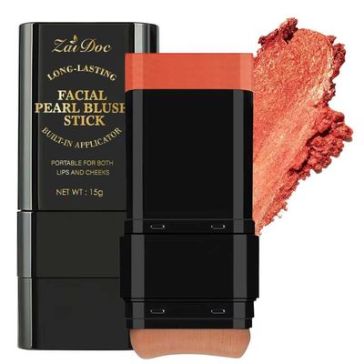 ZAIDOC Facial Blush Stick with Brush, Creamy Lip & Cheek Color with Caesalpinia Sappan Extract, Pearl Orange