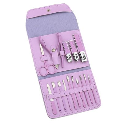 16PCS Portable Nail Clipper Set, Stainless Steel Anti Slip Manicure Pedicure Tool Kit Nail Grooming Kit with Case for Women Girls Purple