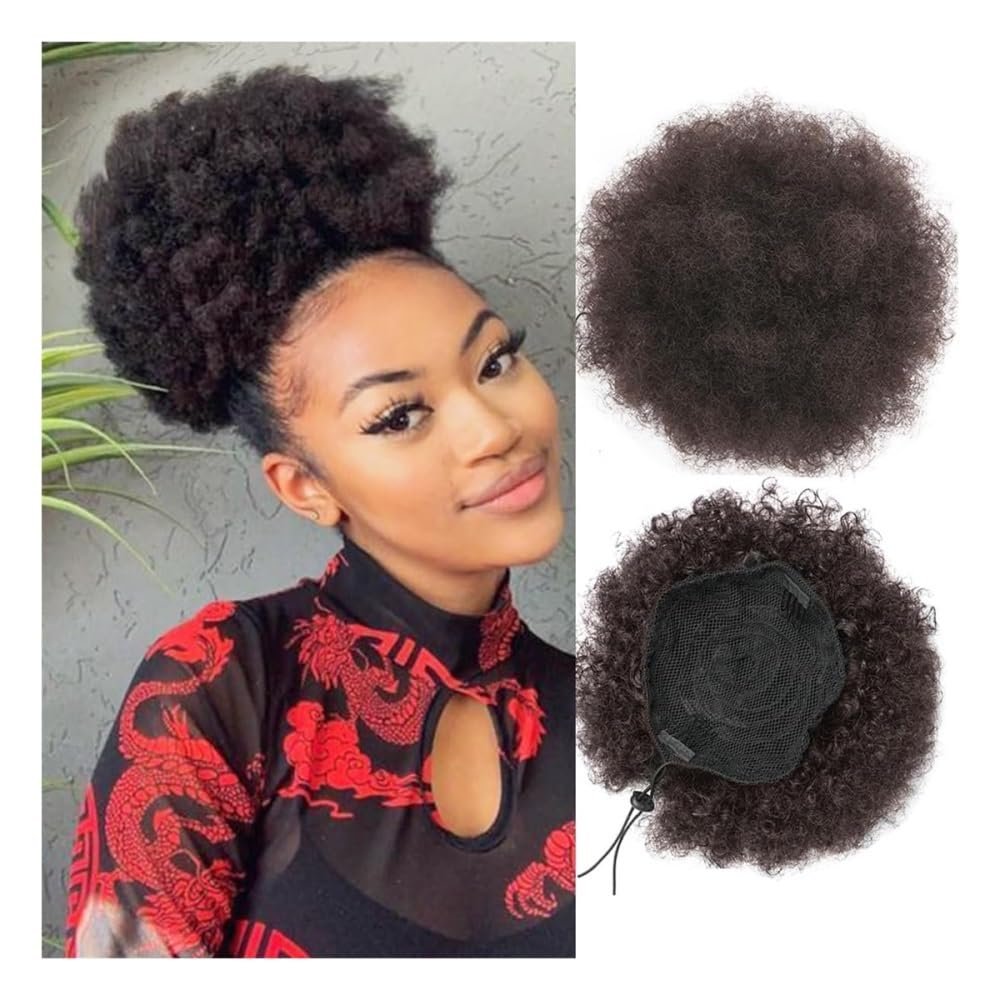 Friggqwe Fake Hair Afro Puff Girl 8inch Kinky Curly Drawstring Ponytail Black Chignon Hair Extension Hair Buns Hair Piece(Medium Brown)