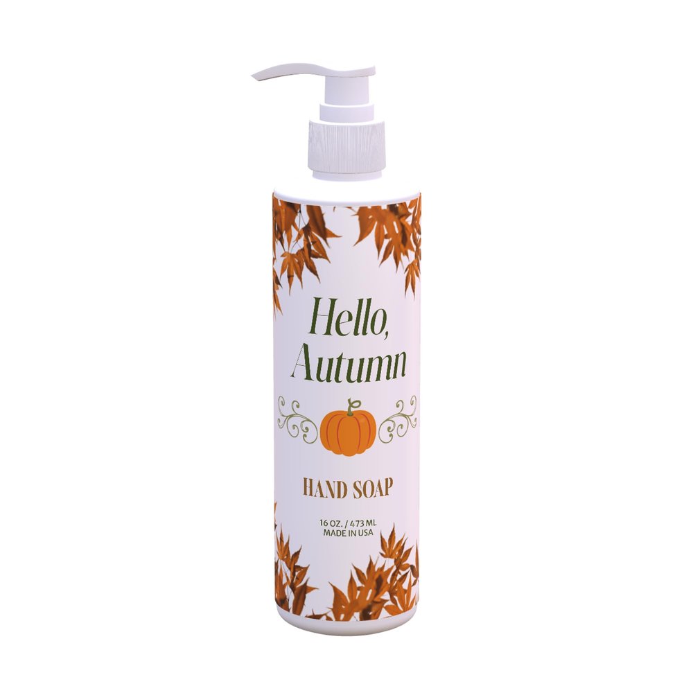 Autumn Hand Soap Hello Autumn Design | Fresh Green Tea & Lemon Scent | 12 Pack 16 oz Pump Bottles | Warm Greeting Fall Decor for Guest Bathrooms and Kitchens | Paraben-Free, Made in USA