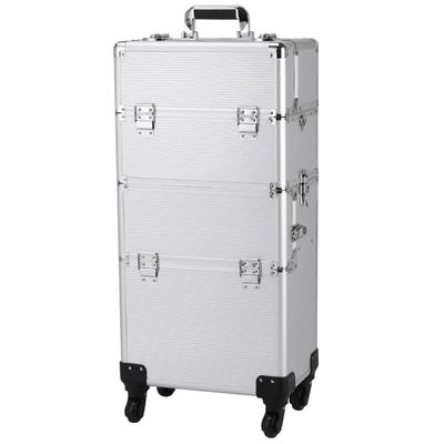 3 in 1 Aluminum Rolling Cosmetic Case Tattoo Box for Beauty Pros, with Shoulder Strap&Keys,Silver