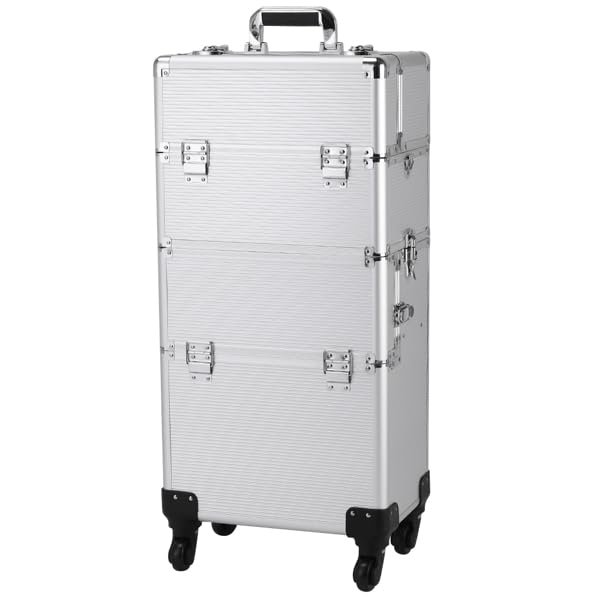 3 in 1 Aluminum Rolling Cosmetic Case Tattoo Box for Beauty Pros, with Shoulder Strap&Keys,Silver