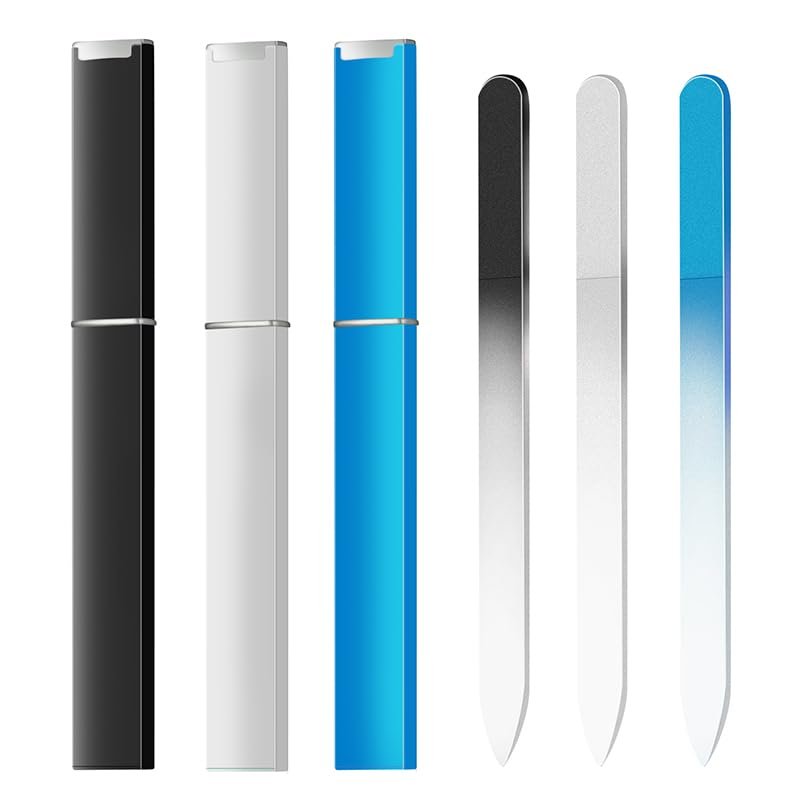 3 Pack Glass Nail Files for Natural Nail Professional Crystal Fingernail Files Double-Sided Etched Gentle Nail Care for Women Adults Black,White,Blue