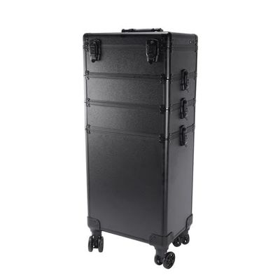 4 in 1 Aluminum Professional Makeup Draw-bar Style Interchangeable Train Case Rolling Cosmetic Case, with LED Light Mirror, Black