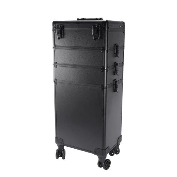4 in 1 Aluminum Professional Makeup Draw-bar Style Interchangeable Train Case Rolling Cosmetic Case, with LED Light Mirror, Black