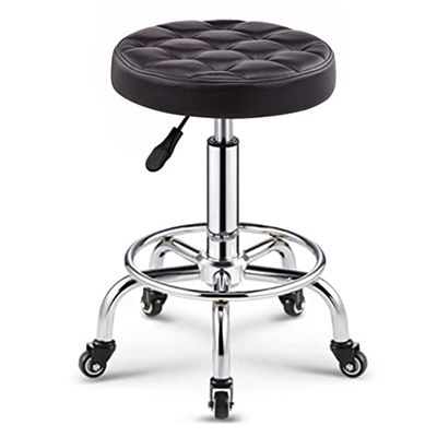 Adjustable Rolling Stool with Wheels - Swivel Leather Round Stool for Bar, Office, Spa, Age, Height Adjustable, Green Color - Comfortable Work Seat