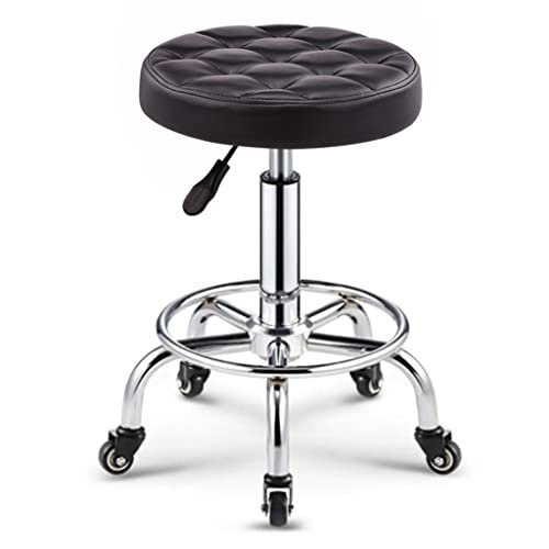 Adjustable Rolling Stool with Wheels - Swivel Leather Round Stool for Bar, Office, Spa, Age, Height Adjustable, Green Color - Comfortable Work Seat