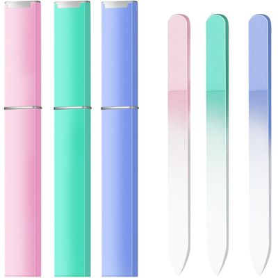 3 Pack Glass Nail Files for Natural Nail Professional Crystal Fingernail Files Double-Sided Etched Gentle Nail Care for Women Adults Pink,Green,Blue