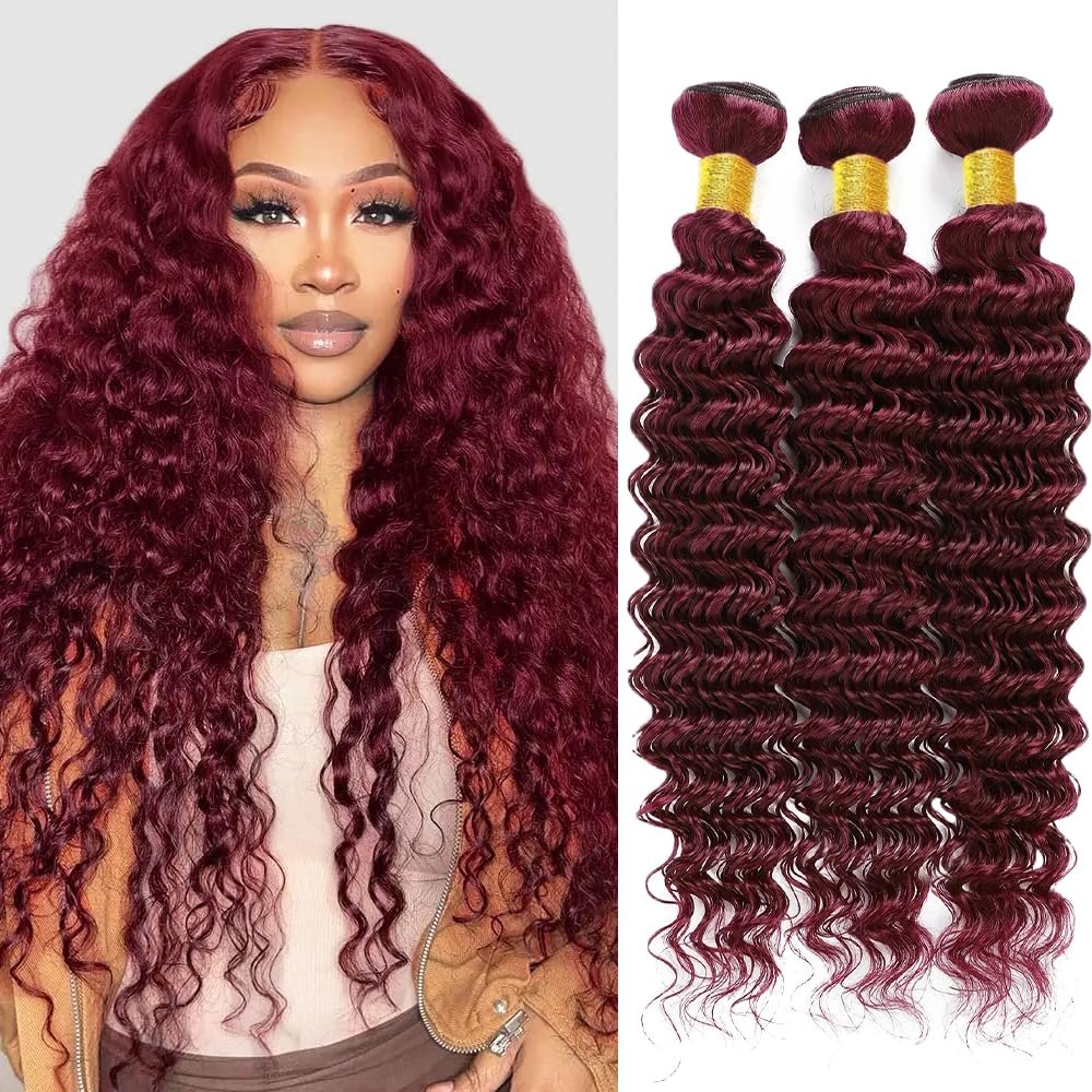 24 26 28 Inch #99J Bundles Deep Wave Bundles Human Hair Burgundy Deep Wave Bundle Unprocessed Brazilian Virgin Weave Hair 3 Bundle 50 Gram Per Bundle