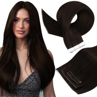 Full Shine Tape in Weft Hair Extensions Human Hair, Color 2 Darkest Brown, 20 Inch, 120g, 4PCS, Genius Weft Hair Extensions Human Hair Seamless Skin Weft Brazilian for Daily Office