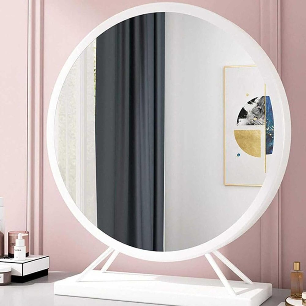 Round Mirror with Base - Modern Metal Frame Standing Mirror for Bathroom, Bedroom, Living Room - Large Circle Mirrors for Dressing Table Decor - Wall Shelf Vanity Mirror,White,30cm (11.8inch)