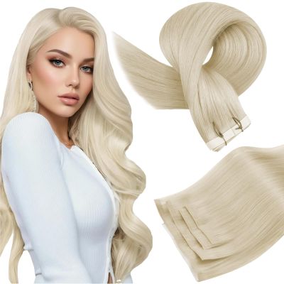 Full Shine Tape in Weft Hair Extensions Human Hair, Color 60 Ash Blonde, 16 Inch, 4PCS, 90g, Straight Genius Weft Hair Extensions Human Hair Daily Styling Seamless Blending Add Volume