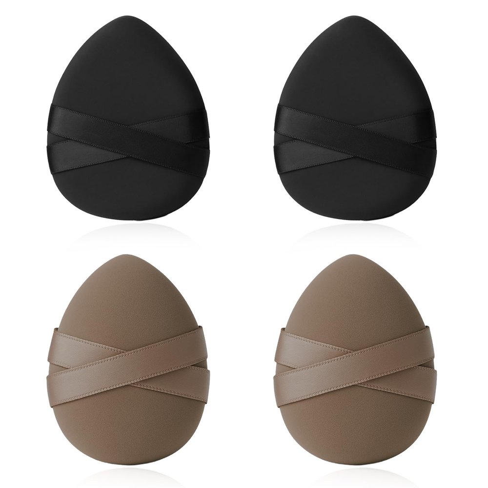 4PCS Makeup Sponge Puff Set Latex-Free PU Foundation Blenders, Dual-Sided Non-Absorbent Puffs with Precision Tip & Dual-Ribbon Grip (Black & Coffee)