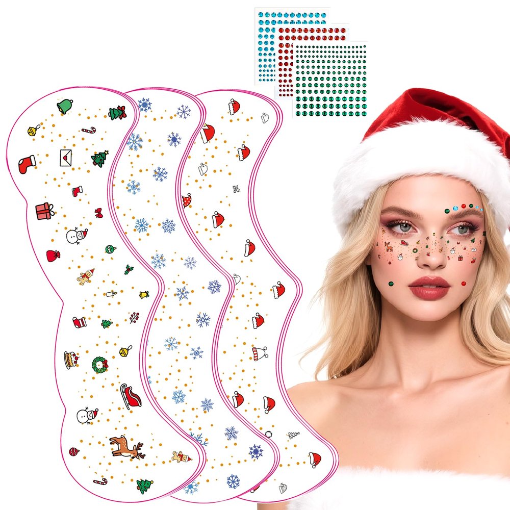 12 PCS Christmas Face Temporary Tattoos, With Red Green White Face Gems Glitter Freckles Face Tattoo for Kids and Women, Waterproof Christmas Accessories Face Makeup for Cosplay Party Supplies