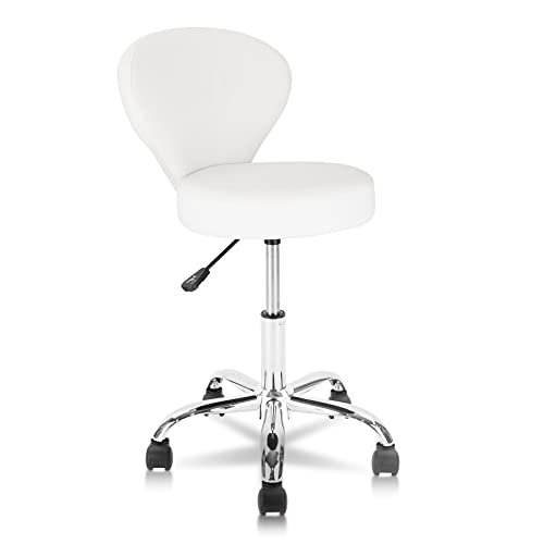 Adjustable Round Rolling Stool with PU Leather Backrest - Swivel Salon Chair for Tattoo Artists, Office & Beauty Professionals - Ergonomic Height Control, Black