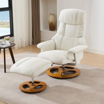 010-Ergonomic Recliner Chair with Ottoman, Modern 360 Swivel Lounge Chair with Footstool, Chenille Fabric, 5 Point Vibration Massage, Seat Heating & 140 Adjustable Backrest for Home or Office, White