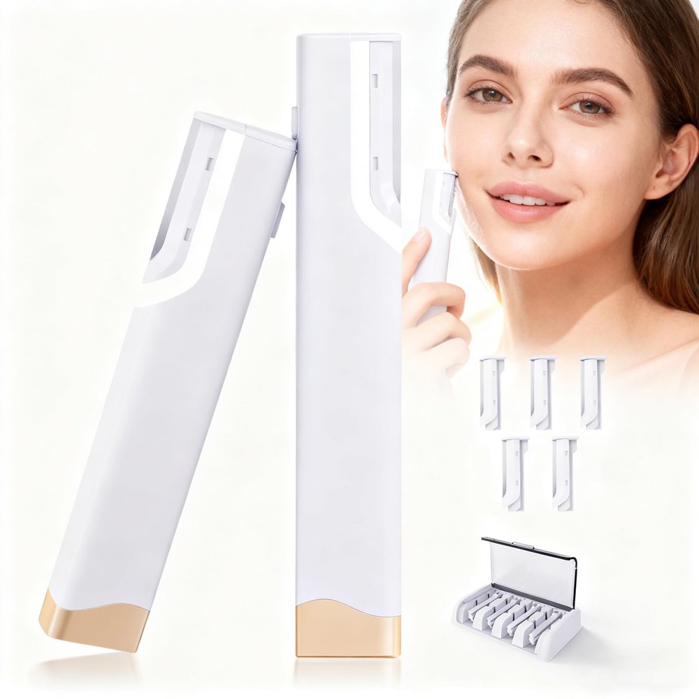 Sonic Dermaplane Razor for Women Face - Rechargeable Sonic Dermaplaning Tool with 5 Blades, Facial Hair Remover for Peach Fuzz & Eyebrows, At-Home Facial Kit for Instant Smoothnesswhite)